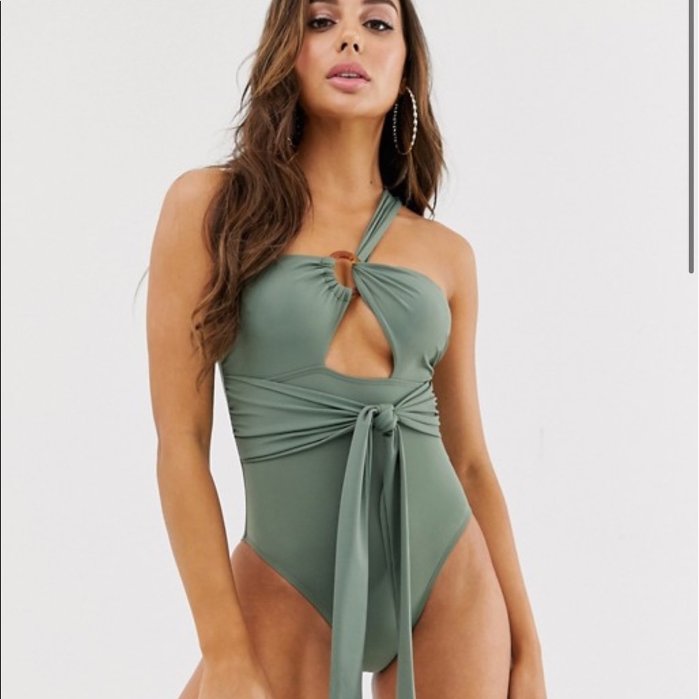 ASOS one shoulder wrap swimsuit in khaki M
